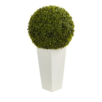 Nearly Natural 28in. Boxwood Topiary Ball Artificial Plant in White Tower Planter (Indoor/Outdoor)