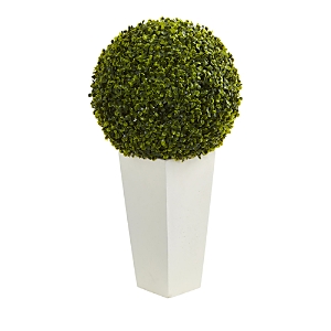 Nearly Natural 28in. Boxwood Topiary Ball Artificial Plant In White Tower Planter (indoor/outdoor) In Green