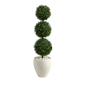 Nearly Natural 3.5ft. Boxwood Triple Ball Topiary Artificial Tree In White Planter (indoor/outdoor) In Green