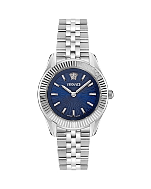 Shop Versace Greca Time Petite Watch, 30mm In Blue/silver