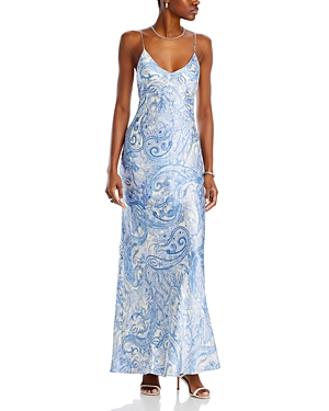 Shop L Agence Serita V Neck Silk Maxi Dress In Ivory/blue