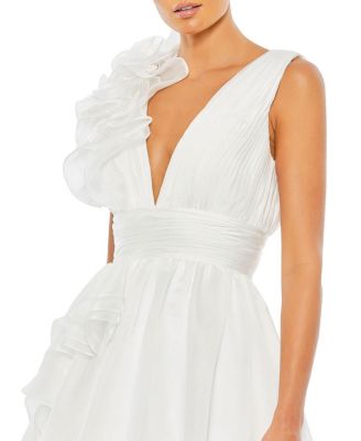 Ruffle Shoulder V-Neck Chiffon Gown