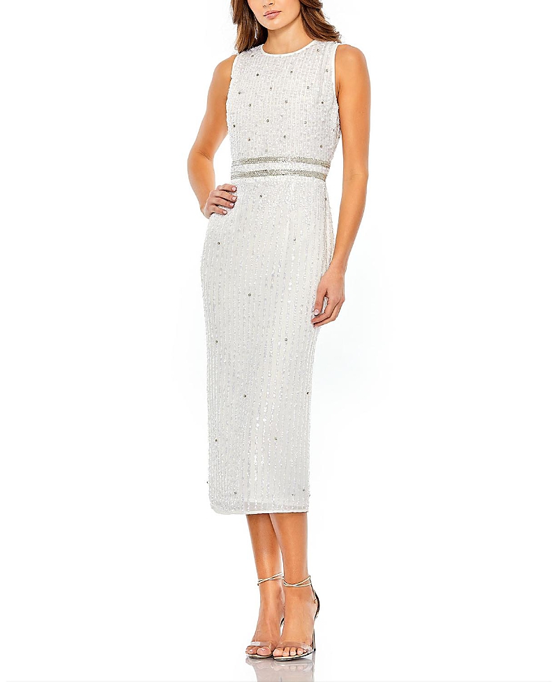 Mac Duggal Sleeveless High Neck Beaded Midi Sheath Dress In Gray