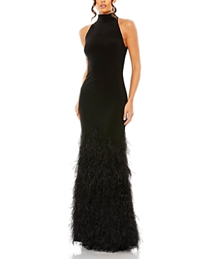 Shop Mac Duggal Feather Tiered Detail Jersey Halter Gown In Black