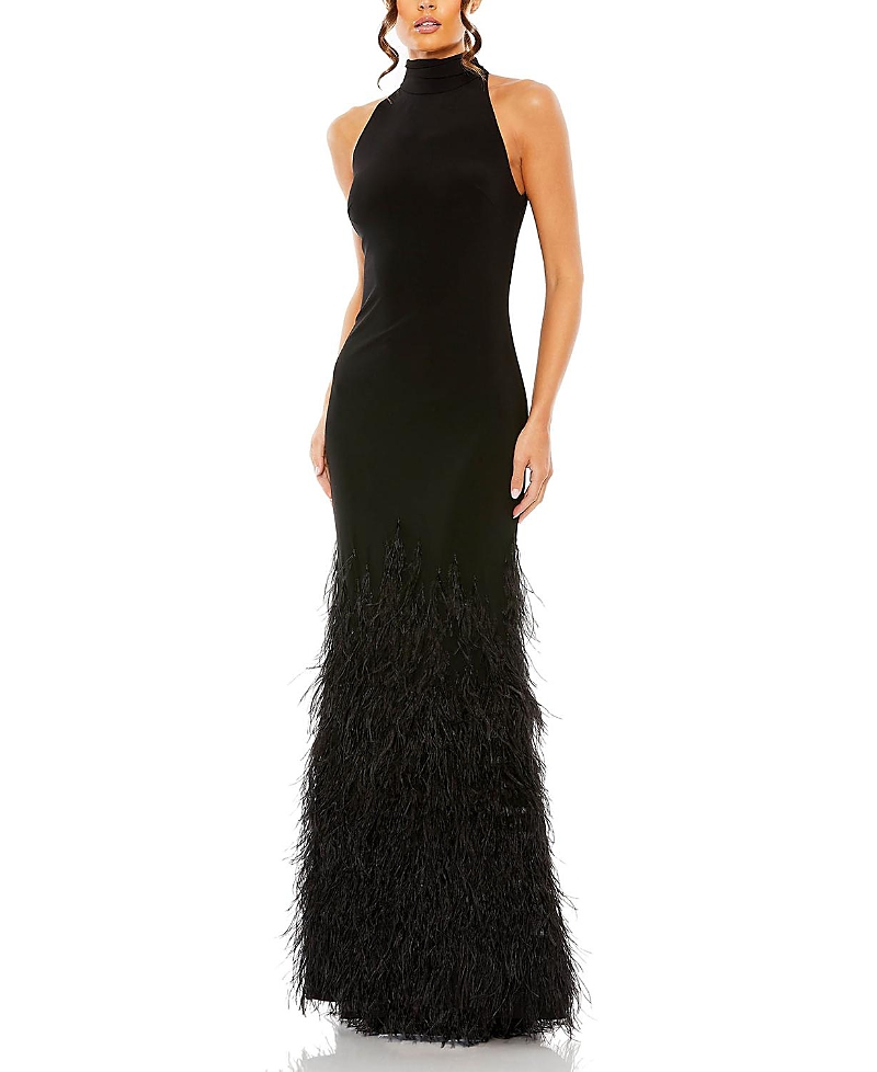 Mac Duggal Halter Gown With Feather Tiered Detail In Black