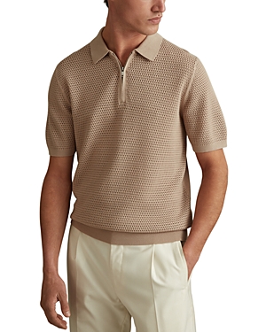 Shop Reiss Burnham Textured Half Zip Short Sleeve Polo Shirt In Taupe