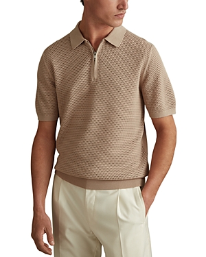 Reiss Taupe Burnham Cotton Blend Textured Half Zip Polo Shirt In Taupe