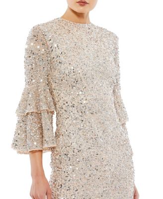 Fully Sequined Ruffle Tiered 3/4 Sleeve Midi Dress