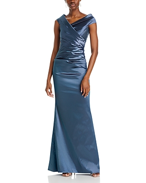 Shop Teri Jon By Rickie Freeman Ruched Cape Neck Gown In Slate