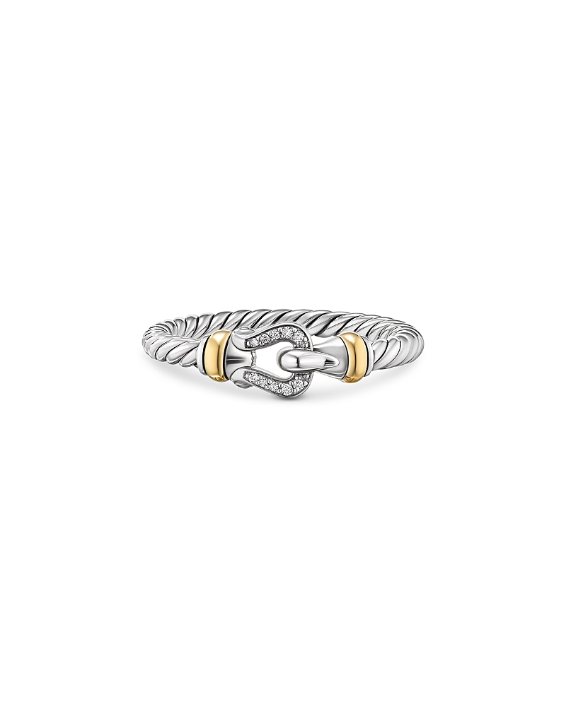 David Yurman Petite Buckle Ring in Sterling Silver with 18K Yellow Gold and Diamonds, 2mm