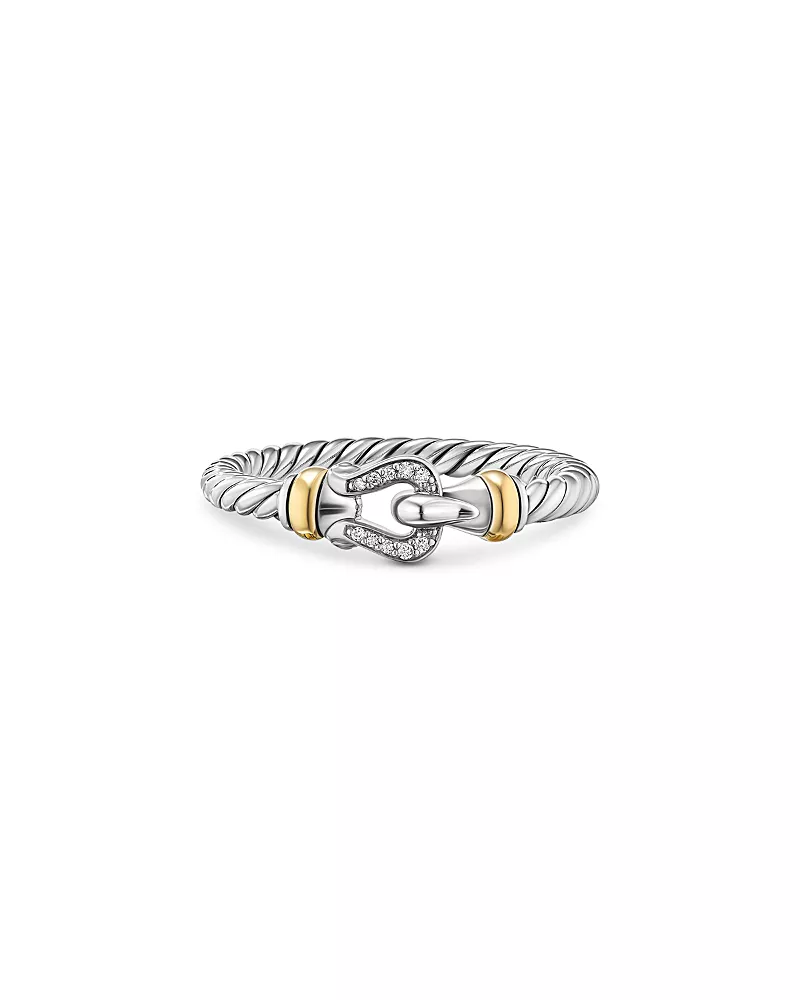 David Yurman Petite Buckle Ring in Sterling Silver with 18K Yellow Gold and Diamonds, 2mm