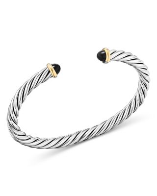 Men's Cable Cuff Bracelet in Sterling Silver with 14K Yellow Gold and Black Onyx, 6mm