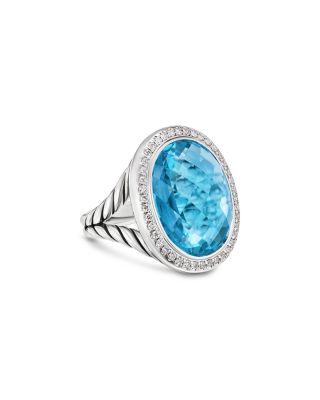 David Yurman Albion Oval Ring in Sterling Silver with Blue Topaz and Diamonds, 21mm