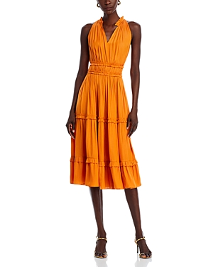 Shop T Tahari Ruffle Trim Midi Dress In Orange Blood