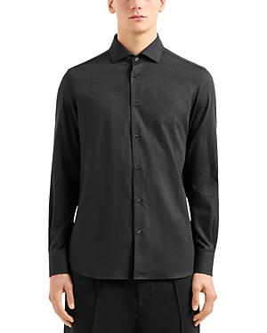 Emporio Armani Cotton Poplin Logo Jacquard Regular Fit Button Down Shirt