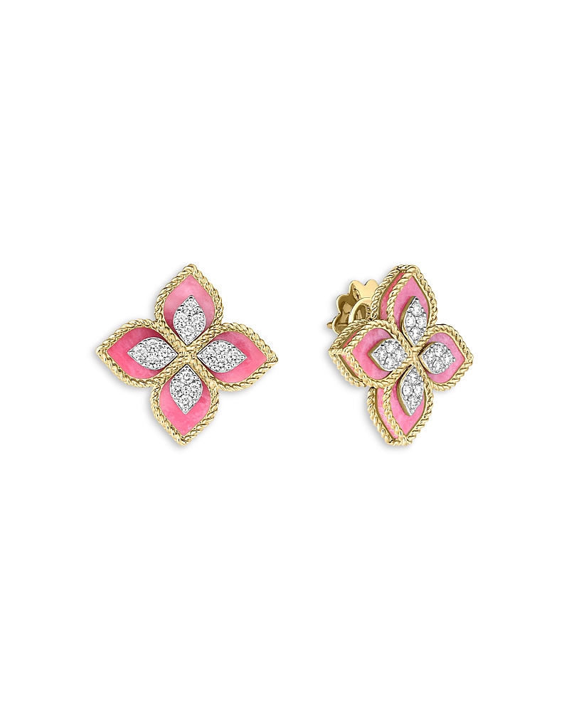 Roberto Coin 18k White & Yellow Gold Venetian Princess Rhodonite & Diamond Stud Earrings In Pink/gold