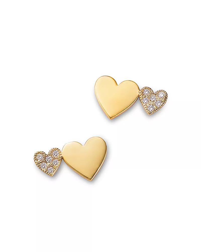 Zoe Chicco 14K Yellow Gold Midi Bitty Symbols Diamond Double Heart Stud Earrings