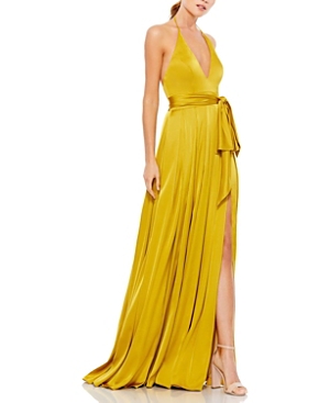 Mac Duggal Charmeuse Halter Strap Soft Tie Waist Gown In Chartreuse