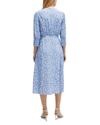 Feather Print Smocked Cuff Tea Dress