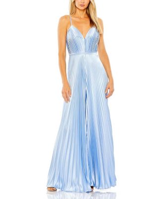 Pleated Plunge Neck Wide Leg Jumpsuit