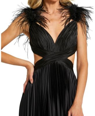Pleated Feather Cap Sleeve Open Back Gown