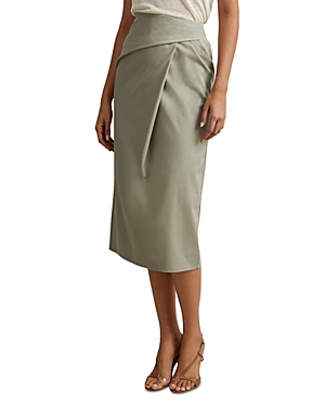 Shop Reiss Nadia Faux Wrap Midi Skirt In Khaki