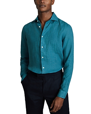 Reiss Ruban Linen Regular Fit Button Down Shirt In Teal Blue