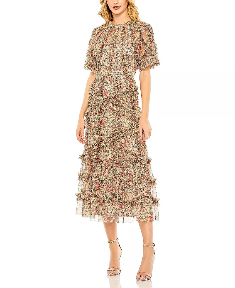Mac Duggal Women's Floral Flutter Sleeve Mesh Print Dress