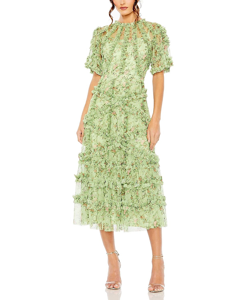 Mac Duggal Women's Floral Flutter Sleeve Mesh Print Dress