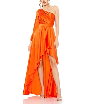 Shop Mac Duggal High Low One Shoulder Flowy Gown In Orange