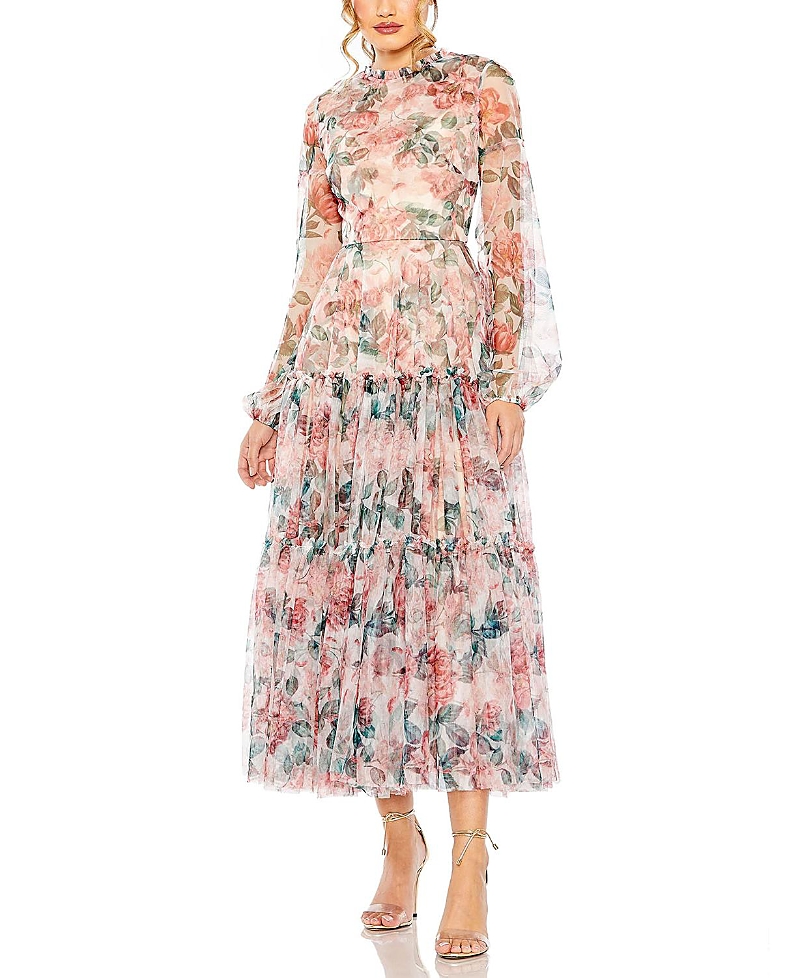 Mac Duggal Long Sleeve High Neck Long Balloon Sleeve Midi Dress