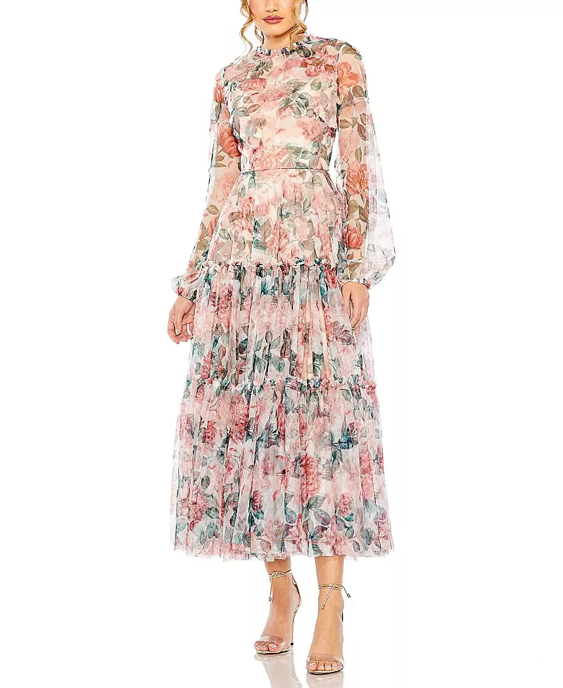 Mac Duggal Long Sleeve High Neck Long Balloon Sleeve Midi Dress