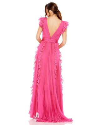 Pleated Ruffle Cap Sleeve Flowy A Line Gown