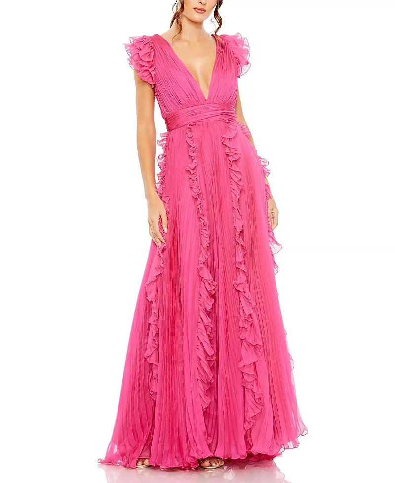 Mac Duggal Pleated Ruffle Cap Sleeve Flowy A Line Gown