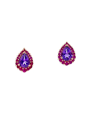 Amethyst & Ruby Pear Halo Stud Earrings in 14K Rose Gold