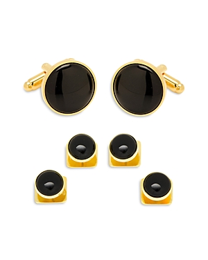 Shop Cufflinks, Inc Gold-tone Onyx Round Stud & Cufflink Set In Black