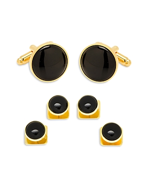 Cufflinks Inc Gold-Tone Onyx Round Stud & Cufflink Set