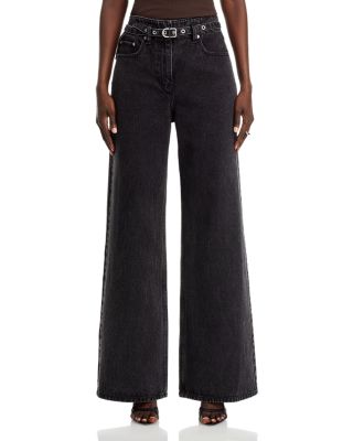 Belted Wide Leg Jeans In Washed Black