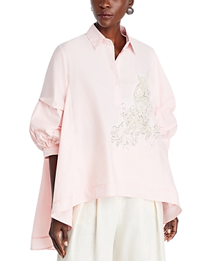 Nancy Yang Beaded Puff Sleeve Shirt In Pink