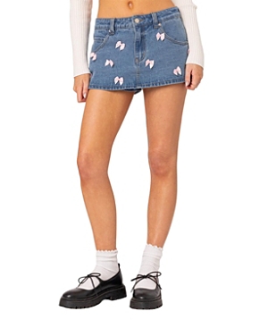 Edikted Women's Alivia Satin Bow Denim Micro Skort In Blue