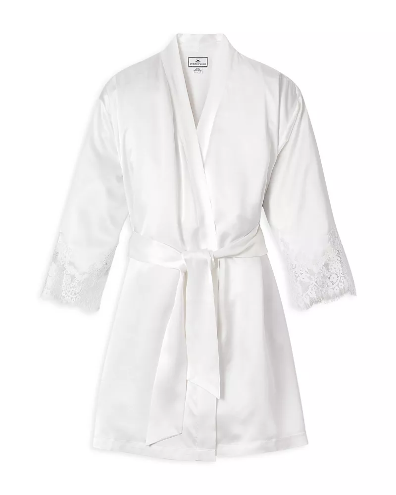 Petite Plume White Silk Lace Robe