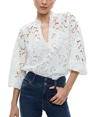 Shop Alice And Olivia Aislyn Floral Lace Puff Sleeve Blouse In Off White