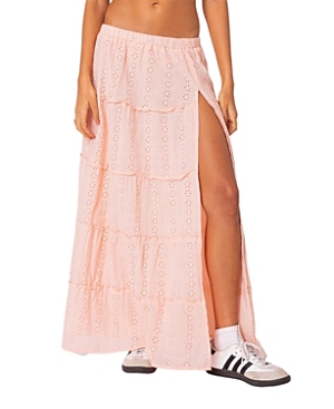 Shop Edikted Tiered Eyelet Slitted Maxi Skirt In Light Pink