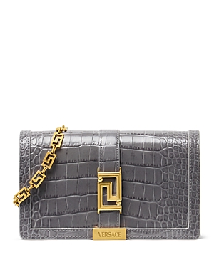 Shop Versace Greca Goddess Croc Embossed Leather Mini Bag In Charcoal Multi