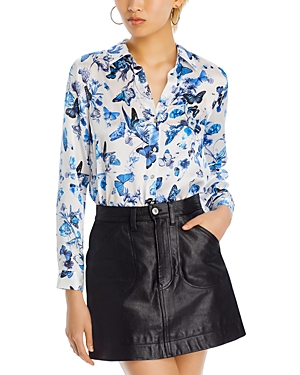 Shop L Agence L'agence Tyler Silk Blouse In White/blue Butterfly