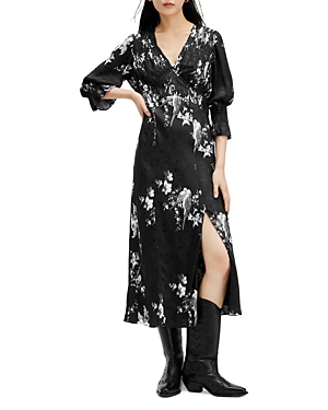 Shop Allsaints Ani Iona Floral Smocked Midi Dress In Black