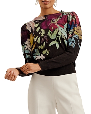Pleated Long Sleeve Printed Sweater