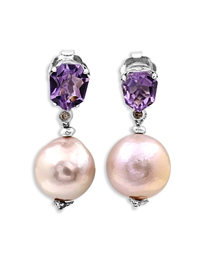 Sterling Silver Galactical Amethyst, Cultured Freshwater Baroque Pearl & Champagne Diamond Drop Earrings