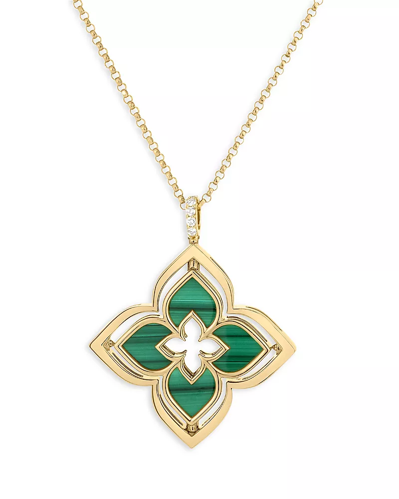 Roberto Coin 18K Yellow Gold Venetian Princess Pirouette Malachite & Diamond Reversible Flower Pendant Necklace, 16