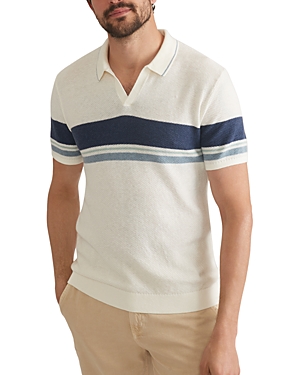 Shop Marine Layer Greyson Cotton Stripe Sweater Knit Standard Fit Polo Shirt In Blue Stripe